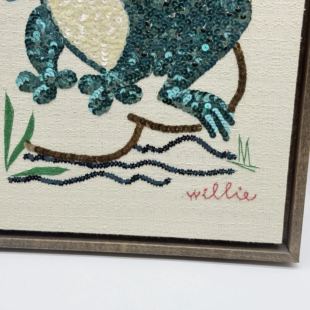 Sequenced Embriored Frog Wood Framed Wall Hanging Cottage MCM 70s 80s Granny